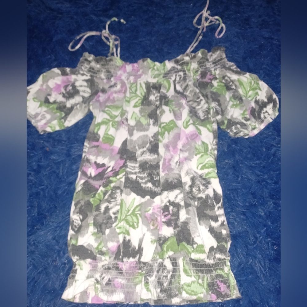 Energie Girls Off-Shoulder Floral Dress — White, Green & Lavender